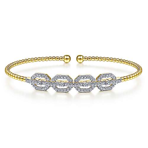 14k YG Cuff With Pave Diamond Links Bangle