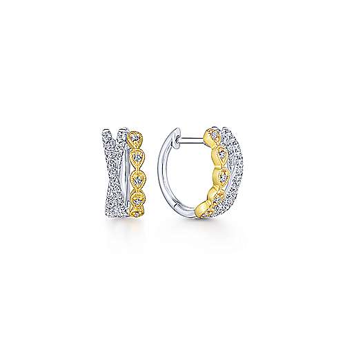 14k Yellow-White Gold Diamond Huggie Earrings