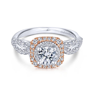 Double Halo With Rose Gold Round Diamond Engagement Ring
