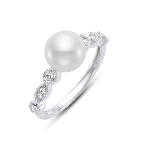 Pearl & Diamond Milgrain Ring - White Gold