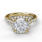 Cushion Halo & Diamond Accented Engagement Ring - Yellow Gold